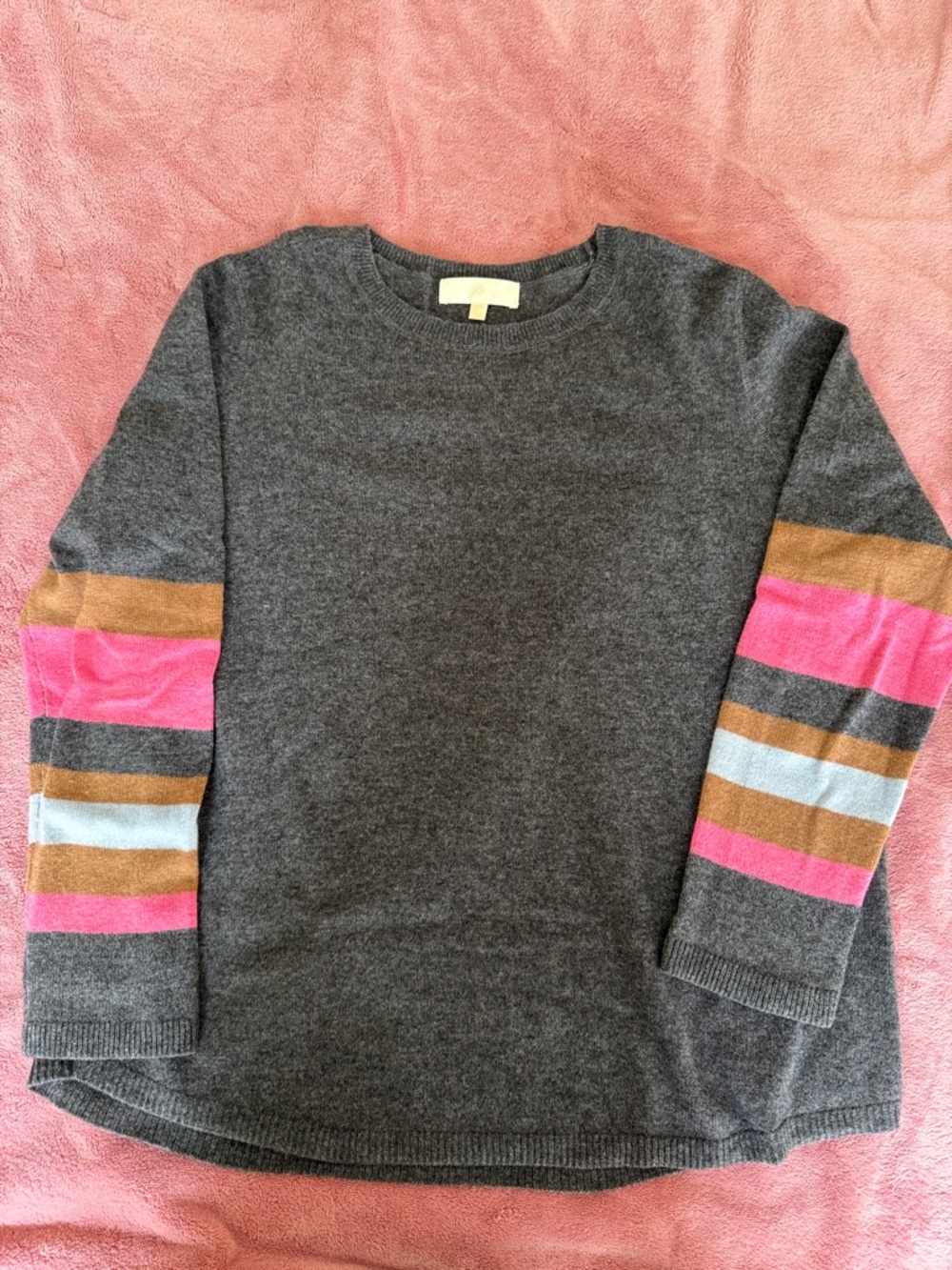 Lisa Todd Cashmere Crewneck Sweater with Colorblock Striped Sleeves
